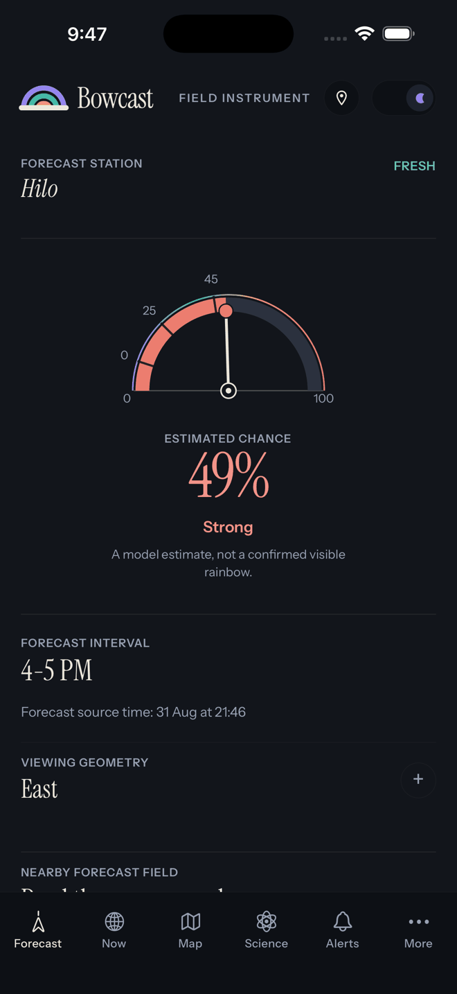 The Bowcast iPhone app's Forecast tab: a gauge reading 49 percent estimated chance for Hilo, labelled strong, with a 4 to 5 PM interval and a viewing direction of east.